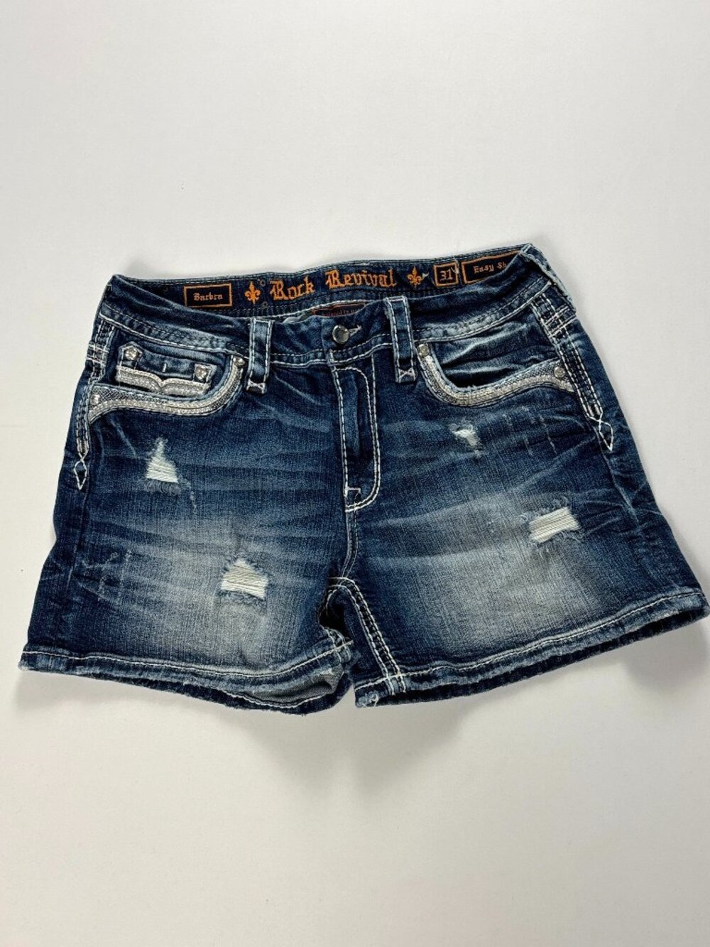 Rock Revival Womens Barbra Easy Shorts Blue Sz 31 Denim Jean Rhinestones